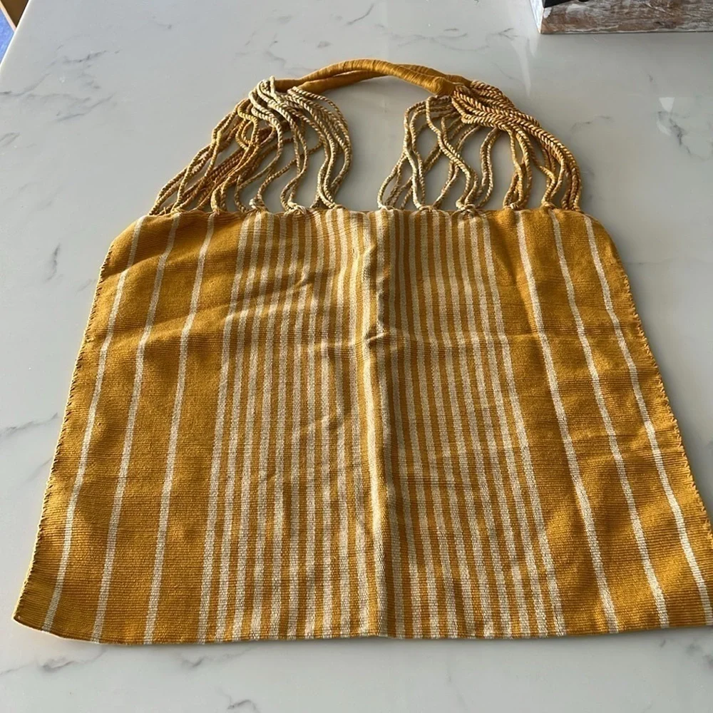 mustard and cream woven tote bag - Picture 3 of 10